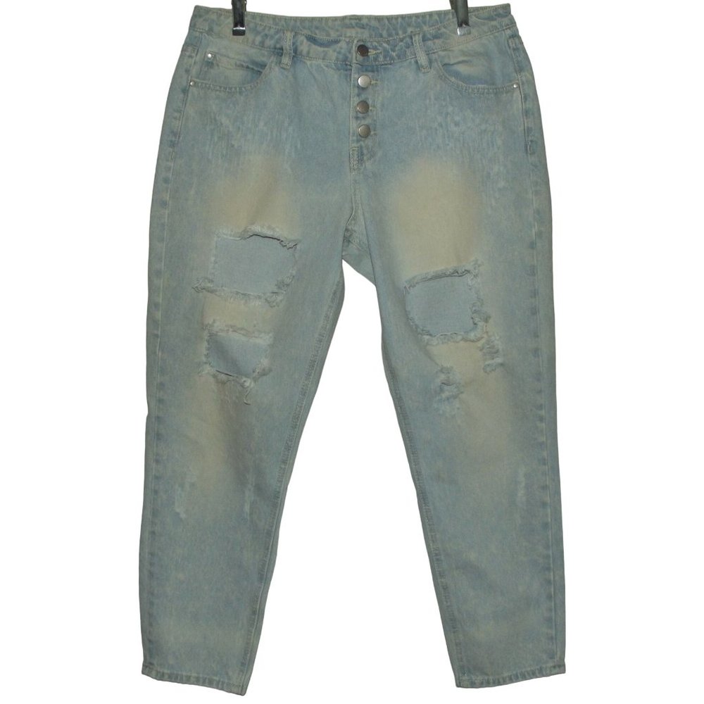 Refuge Destroyed Jeans 12 x 27" Crop light wash blue holes distressed faded